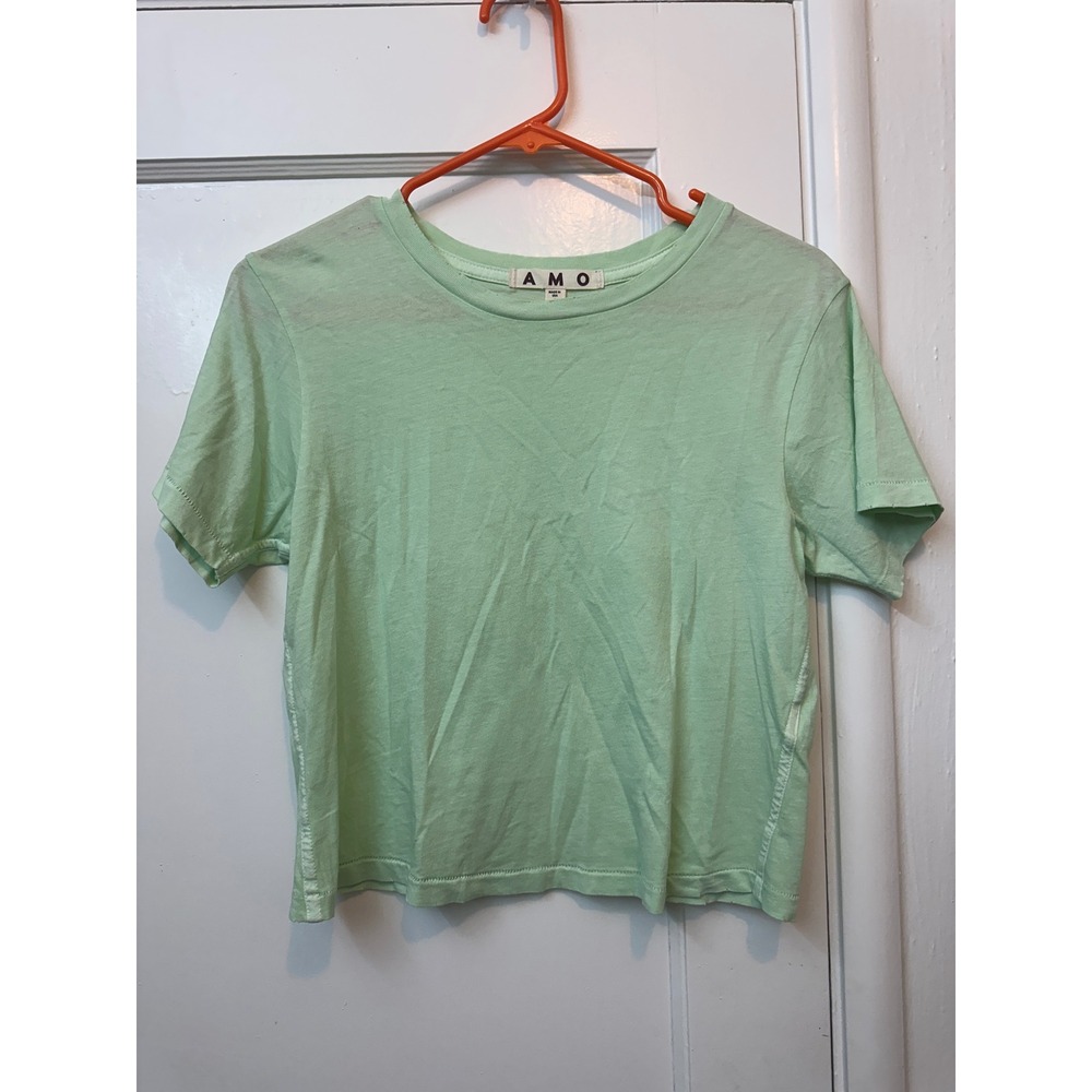 AMO Womens Mint Green Cotton Short Sleeve Distressed Crewneck T-Shirt Size S